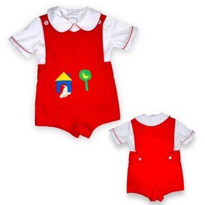 Vintage Puppy Dog Appliqué Shortalls Romper Peter Pan Collared Outfit 18m 24m